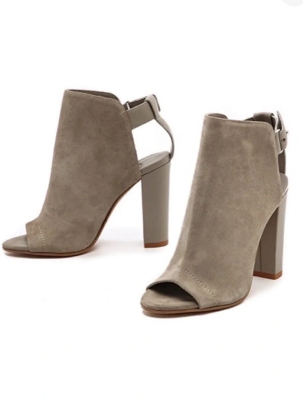 Vince "Addison" Suede Peep-Toe Block Heel Booties – Taupe/Grey